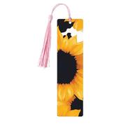 Marque-page en bois imprimé tournesol vache avec pompon pour femme et homme - Marque-page de lecture - Cadeau pour les amateurs de livres