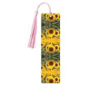 Marque-page en bois jaune avec imprimé floral tournesol avec pompons pour la lecture de livres à couverture rigide