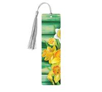 Marque-page en bois jaune avec pompons pour lire des livres à couverture rigide et des fleurs de jonquilles jaunes