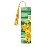 Marque-page en bois jaune avec pompons pour lire des livres à couverture rigide et des fleurs de jonquilles jaunes