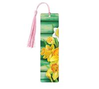 Marque-page en bois jaune avec pompons pour lire des livres à couverture rigide et des fleurs de jonquilles jaunes