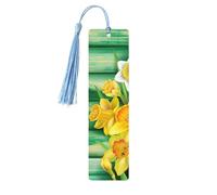 Marque-page en bois jaune avec pompons pour lire des livres à couverture rigide et des fleurs de jonquilles jaunes