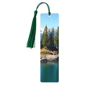 Marque-page en bois - Marque-page « Île des esprits dans un lac » avec pompons. Marque-page vintage créatif en bois pour les amoureux des livres. Marque-pages de lecture faits main. Idée cadeau de Noë