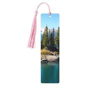 Marque-page en bois - Marque-page « Île des esprits dans un lac » avec pompons. Marque-page vintage créatif en bois pour les amoureux des livres. Marque-pages de lecture faits main. Idée cadeau de Noë