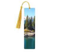 Marque-page en bois - Marque-page « Île des esprits dans un lac » avec pompons. Marque-page vintage créatif en bois pour les amoureux des livres. Marque-pages de lecture faits main. Idée cadeau de Noë