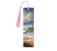 Marque-page en bois - Marque-page Phare et Plage de Sable avec Pompons - Marque-page vintage créatif en bois pour les amoureux des livres - Marque-pages de lecture faits main - Idée cadeau de Noël pou