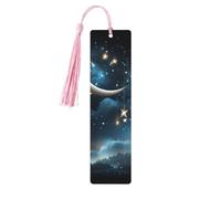 Marque-page en bois - Marque-page suspendu ciel nocturne lune et étoiles avec pompons - Marque-page vintage créatif en bois pour les amoureux des livres - Marque-pages de lecture faits main - Idée cad