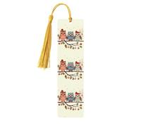 Marque-page en bois mignon de hiboux sur une branche pour les amateurs de livres, marque-page fait à la main avec pompons colorés, marqueurs de page imprimés double face, accessoires de livre