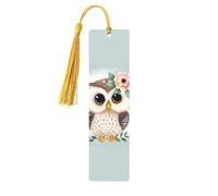 Marque-page en bois mignon en forme de chouette avec fleurs pour les amateurs de livres, fait à la main avec pompons colorés, marqueurs de page imprimés double face, accessoires de livre artistique