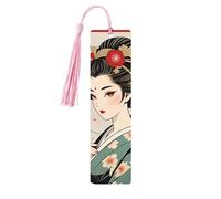Marque-page en bois mignon pour homme et femme, marque-page rétro japonais imprimé geisha avec pompons pour les amateurs de livres