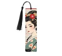 Marque-page en bois mignon pour homme et femme, marque-page rétro japonais imprimé geisha avec pompons pour les amateurs de livres