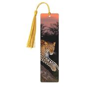 Marque-page en bois motif léopard africain avec pendentif en forme de pompon unique fait à la main - Marqueur de livre pour les amateurs de livres - Marqueurs de page - Ornement idéal pour un cadeau