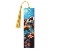 Marque-page en bois motif tortues de mer pour les amateurs de livres, fait à la main avec pompons colorés, marque-page imprimés double face, accessoires de livre artistique, cadeau pour homme et femme