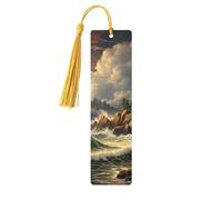 Marque-page en bois motif vague de la côte et phare pour homme et femme - Marque-page unique fait à la main avec pompon - Marque-page artisanal pour les amateurs de livres, cadeau d'anniversaire