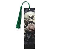 Marque-page en bois noir et blanc avec fleurs et tête de mort pour les amateurs de livres, cadeau d'anniversaire, enseignants, marque-pages faits à la main, ornements avec pompon, marque-page de