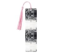 Marque-page en bois noir et blanc imprimé New York avec pompons pour la lecture de livres à couverture rigide