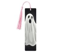 Marque-page en bois noir et fantôme d'Halloween pour les amateurs de livres, marque-pages en bois à suspendre avec pompons colorés, étiquettes cadeaux inhabituelles pour hommes et femmes