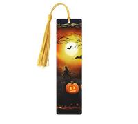Marque-page en bois pour fête d'Halloween avec pendentif en forme de pompon unique fait à la main - Marqueur de livre pour les amateurs de livres - Marqueurs de page - Idéal pour un cadeau