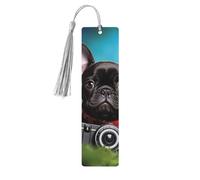 Marque-page en bois pour homme et femme, bouledogue français avec appareil photo, marque-page en bois unique fait à la main avec pampille, marque-page artisanal pour les amateurs de livres, cadeau