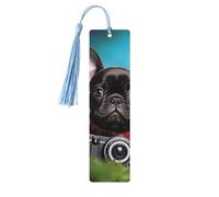 Marque-page en bois pour homme et femme, bouledogue français avec appareil photo, marque-page en bois unique fait à la main avec pampille, marque-page artisanal pour les amateurs de livres, cadeau