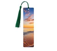 Marque-page en bois pour homme et femme - Marque-page personnalisé avec pompon - Beau lever de soleil tropical sur la plage - Cadeau d'anniversaire pour les étudiants et les enseignants