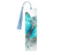 Marque-page en bois pour homme et femme - Marque-page personnalisé en bois sculpté avec pompon - Bleu clair - Papillon - Cadeau d'anniversaire pour les amateurs de livres, les étudiants, les