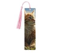 Marque-page en bois pour homme et femme - Motif chat assis dans un champ vert - Marque-page unique fait à la main avec pompon - Marque-page artisanal pour les amateurs de livres, cadeau d'anniversaire