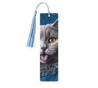 Marque-page en bois pour homme et femme - Motif chat bleu qui sort de la langue - Marque-page unique fait à la main avec pompon - Marque-page artisanal pour les amateurs de livres, cadeau