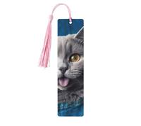 Marque-page en bois pour homme et femme - Motif chat bleu qui sort de la langue - Marque-page unique fait à la main avec pompon - Marque-page artisanal pour les amateurs de livres, cadeau