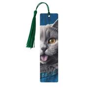 Marque-page en bois pour homme et femme - Motif chat bleu qui sort de la langue - Marque-page unique fait à la main avec pompon - Marque-page artisanal pour les amateurs de livres, cadeau