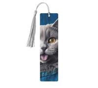 Marque-page en bois pour homme et femme - Motif chat bleu qui sort de la langue - Marque-page unique fait à la main avec pompon - Marque-page artisanal pour les amateurs de livres, cadeau