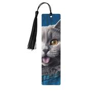 Marque-page en bois pour homme et femme - Motif chat bleu qui sort de la langue - Marque-page unique fait à la main avec pompon - Marque-page artisanal pour les amateurs de livres, cadeau