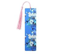 Marque-page en bois pour homme et femme - Motif floral bleu - Marque-page unique fait à la main avec pompon - Marque-page artisanal pour les amateurs de livres, cadeau d'anniversaire et d'enseignants