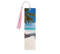Marque-page en bois pour homme et femme - Motif plage tropicale blanche - Marque-page unique fait à la main avec pompon - Marque-page artisanal pour les amateurs de livres, cadeau d'anniversaire