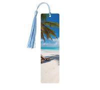 Marque-page en bois pour homme et femme - Motif plage tropicale blanche - Marque-page unique fait à la main avec pompon - Marque-page artisanal pour les amateurs de livres, cadeau d'anniversaire