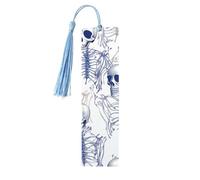 Marque-page en bois pour homme et femme - Motif squelette bleu sur fond blanc - Marque-page unique fait à la main avec pompon - Marque-page pour les amateurs de livres, cadeau d'anniversaire