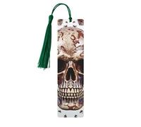 Marque-page en bois pour homme et femme - Motif tête de mort sur fond blanc - Marque-page unique fait à la main avec pompon - Marque-page pour les amateurs de livres, cadeau d'anniversaire et