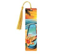 Marque-page en bois pour homme et femme, tongs et scène de plage tropicale, marque-pages uniques faits à la main avec pampille, marque-page artisanal pour les amateurs de livres, cadeau d'anniversaire