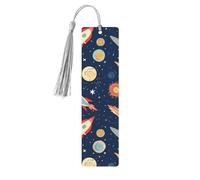 Marque-page en bois Rocket in Space pour les amateurs de livres, fait à la main avec pompons colorés, marque-page imprimés double face, accessoires de livre artistique, cadeau pour homme et femme