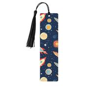 Marque-page en bois Rocket in Space pour les amateurs de livres, fait à la main avec pompons colorés, marque-page imprimés double face, accessoires de livre artistique, cadeau pour homme et femme