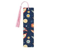 Marque-page en bois Rocket in Space pour les amateurs de livres, fait à la main avec pompons colorés, marque-page imprimés double face, accessoires de livre artistique, cadeau pour homme et femme