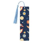 Marque-page en bois Rocket in Space pour les amateurs de livres, fait à la main avec pompons colorés, marque-page imprimés double face, accessoires de livre artistique, cadeau pour homme et femme