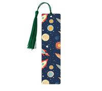 Marque-page en bois Rocket in Space pour les amateurs de livres, fait à la main avec pompons colorés, marque-page imprimés double face, accessoires de livre artistique, cadeau pour homme et femme