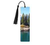 Marque-page en bois Spirit Island dans le lac pour les amateurs de livres, fait à la main avec pompons colorés, marque-page imprimés double face, accessoires de livre artistique, cadeau pour homme et