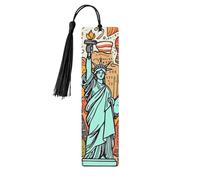 Marque-page en bois sur le thème américain de New York pour homme et femme, fait à la main avec pendentif en bois brut avec pampille, marque-pages cadeaux à suspendre pour les amateurs de livres