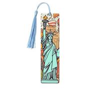 Marque-page en bois sur le thème américain de New York pour homme et femme, fait à la main avec pendentif en bois brut avec pampille, marque-pages cadeaux à suspendre pour les amateurs de livres