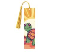 Marque-page en bois tortue au soleil pour les amateurs de livres, fait à la main avec pompons colorés, marque-page imprimés double face, accessoires de livre artistique, cadeau pour homme et femme