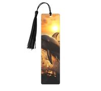 Marque-page en métal avec pampilles en forme de dauphin et coucher de soleil - Pendentif unique fait à la main - Marque-page en bois - Jolis ornements à suspendre pour les amateurs de livres, les