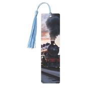 Marque-page en métal pour homme et femme - Marque-page personnalisé avec pampille - Motif train à vapeur - Coucher de soleil - Cadeau d'anniversaire pour les étudiants et les enseignants