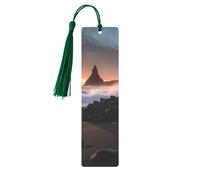 Marque-page en métal pour homme et femme - Motif lever de soleil sur la plage de Reynisfjara - Marque-page unique fait à la main avec pompon - Marque-page en métal pour enseignants, cadeau